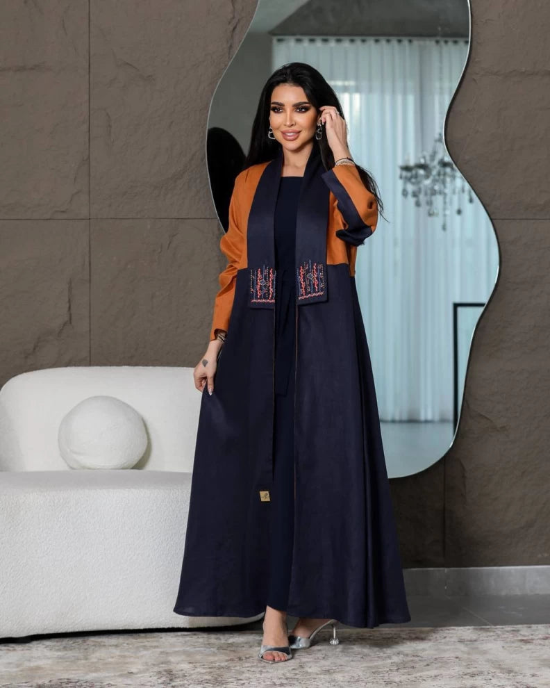 Linen Abaya in navy and camel IB199