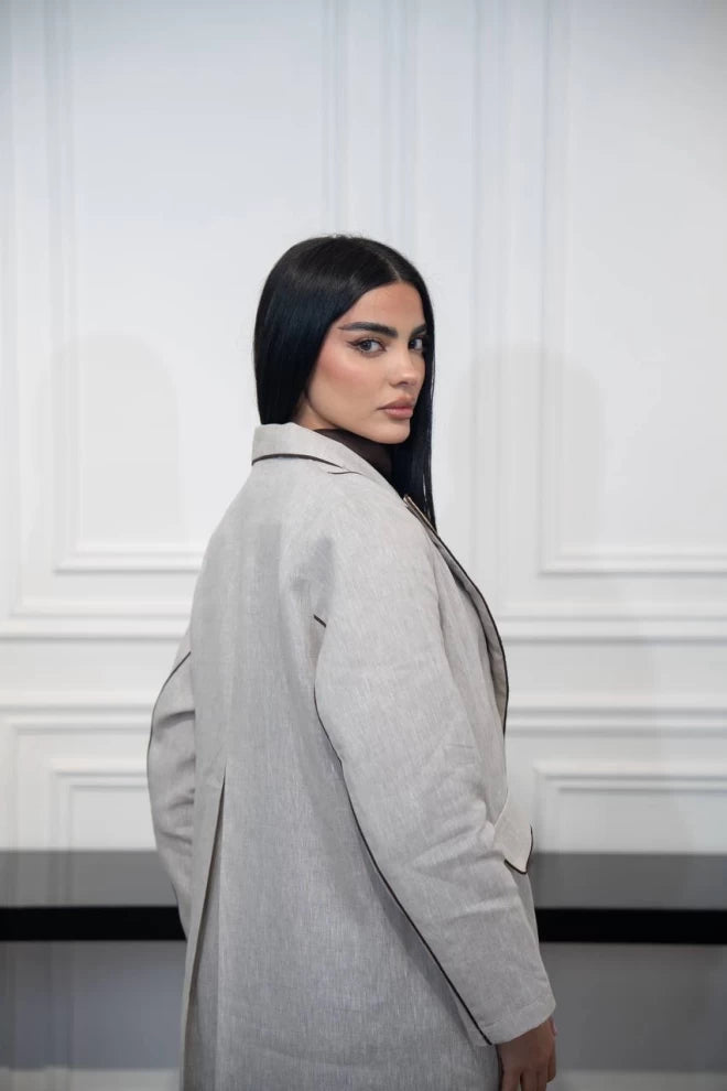 عباية بليزر كتان بيج مع تطريز C:IB329 بيج