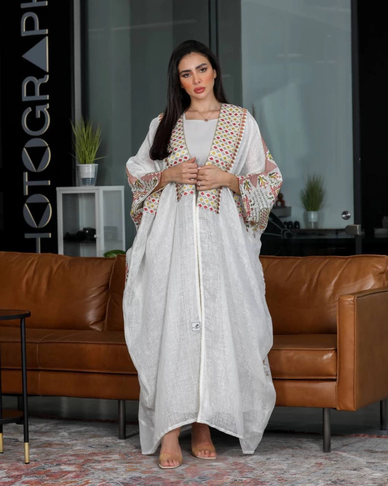 White Linen Bisht Abaya with embroidery C:IB139 Wihte (Free size)