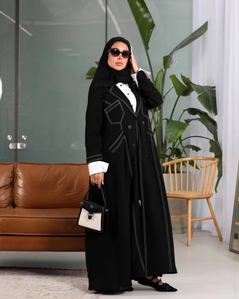 Black Crepe Abaya with White Embroidery Front IB209