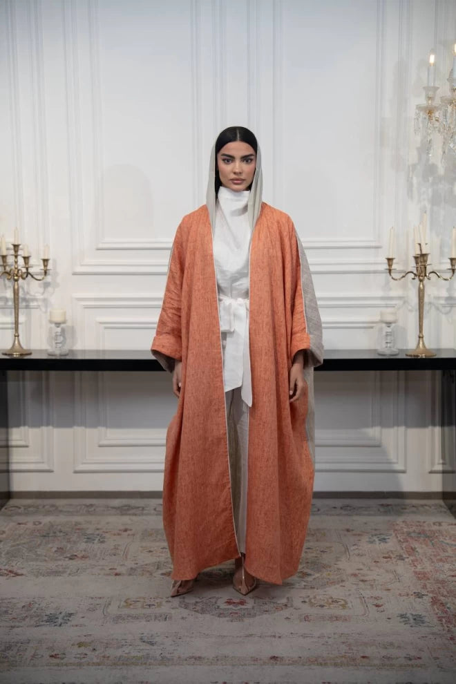 عباية كتان مخططة باللونين البرتقالي والبيج C:IB325 برتقالي (مقاس واحد) 