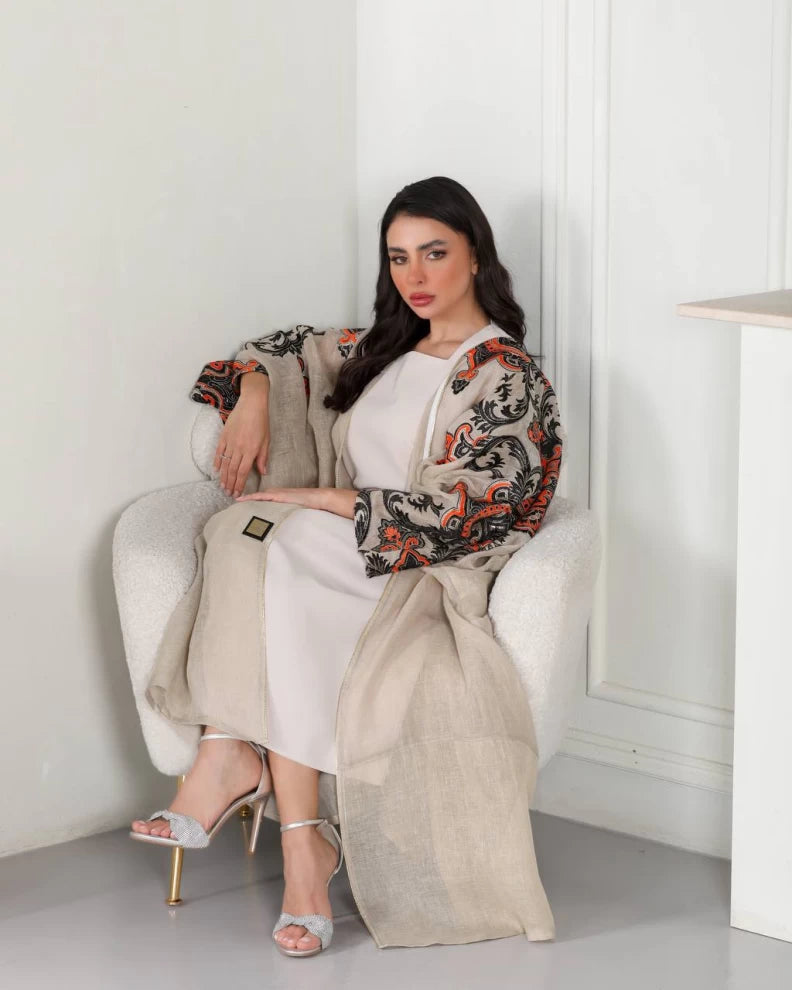 عبايه لينن بيج بتطريز IB143 Beage
