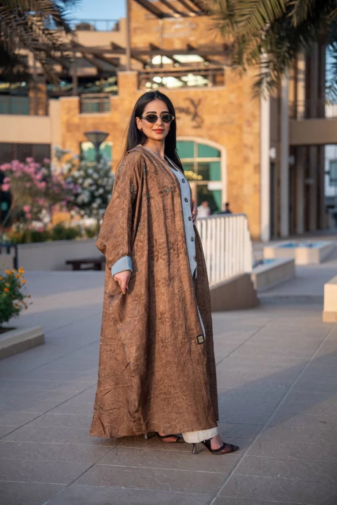 Brown crepe jacquard abaya C:IB312 (Free size)
