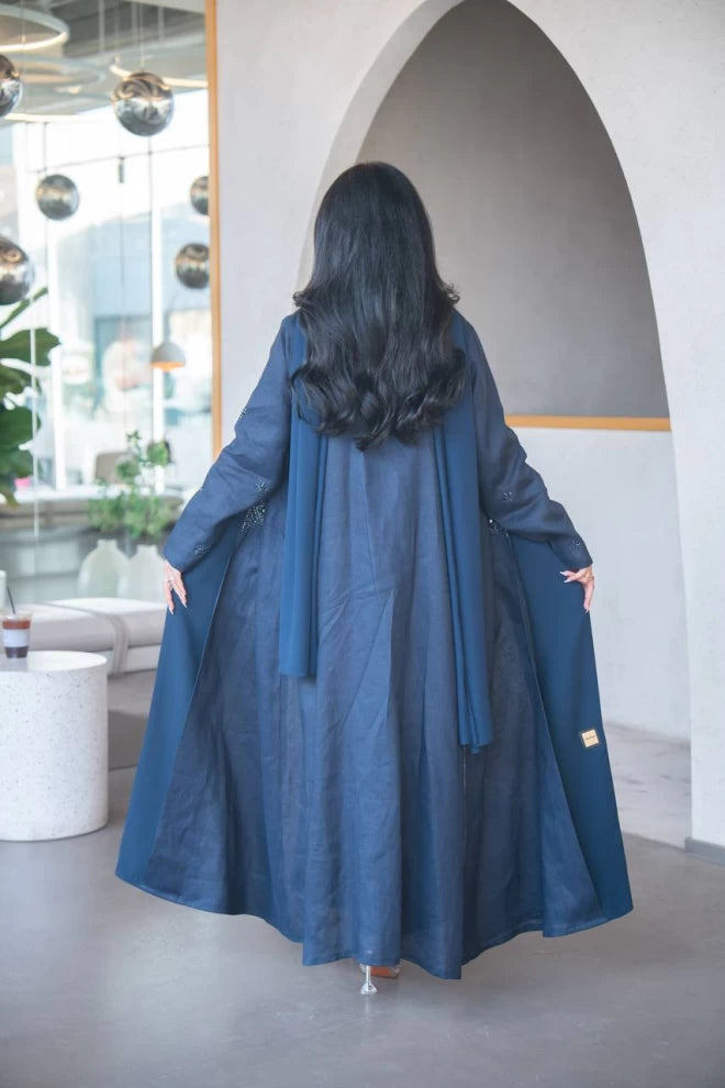 Navy blue linen blazer abaya with crepe and hand embroidery C:IB323 Navy