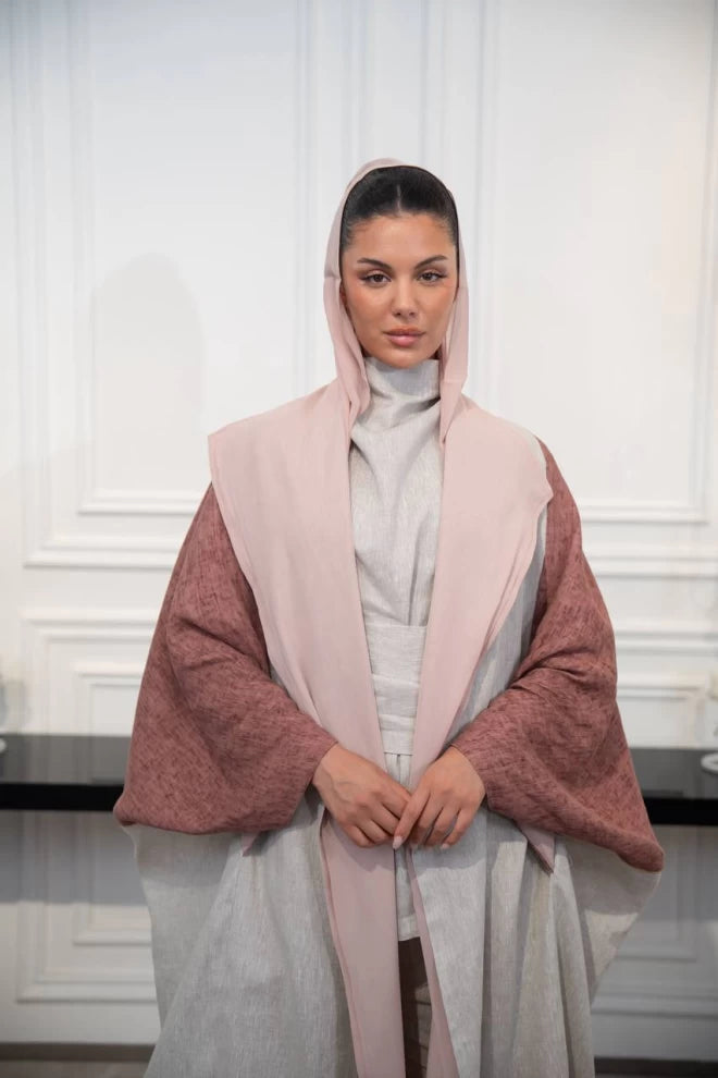 عباية كتان مقاس حر باللون البيج والبني C:IB326 (مقاس حر)