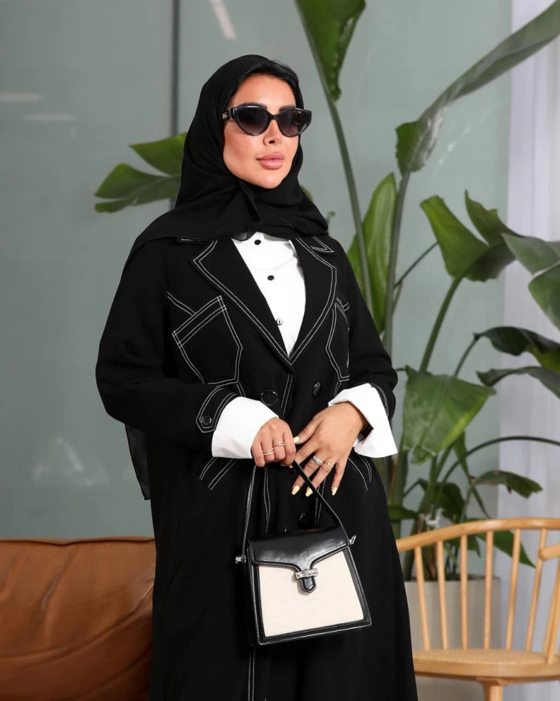Black Crepe Abaya with White Embroidery Front IB209