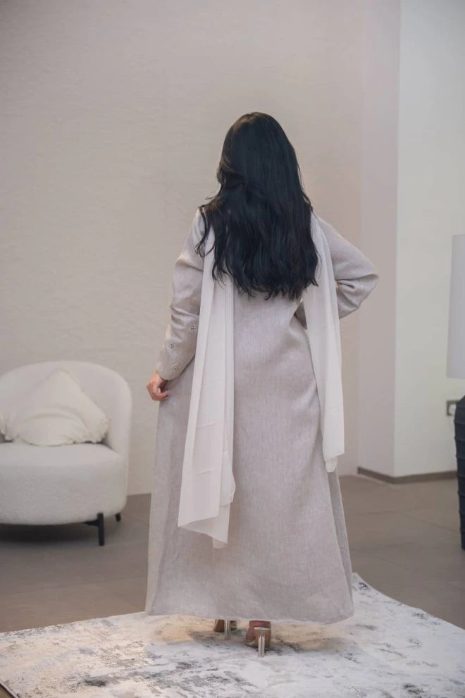 Beige linen and crepe blazer abaya with hand embroidery C:IB323 Beige