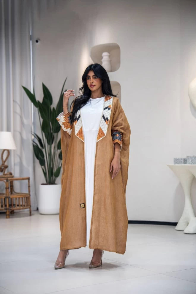 عباية بشت من الخيش بلون الجمل مع تطريز C:IB310 (مقاس حر) 
