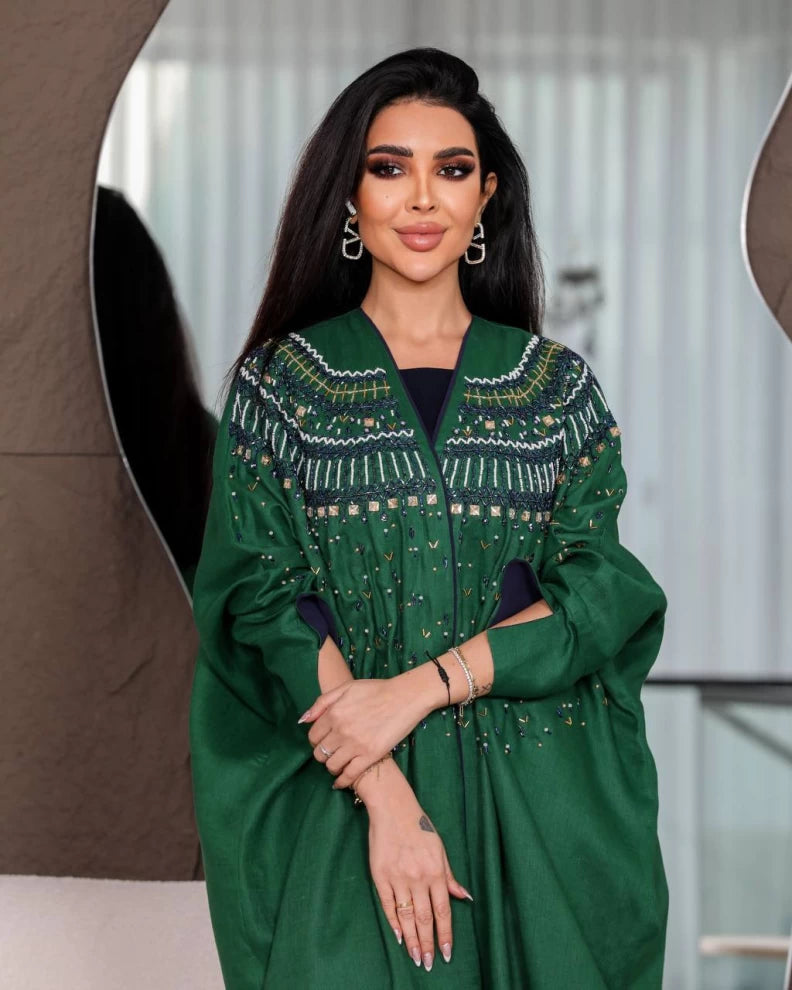 عباية كتان خضراء IB142 (مقاس واحد) 