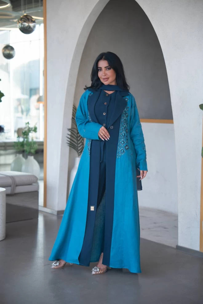 Blue blazer abaya made of linen with crepe on the front C:IB323 Blue