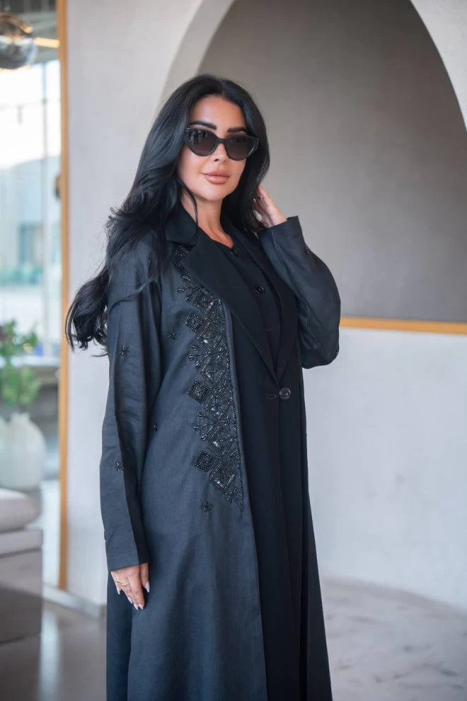 Black blazer abaya made of linen and crepe with hand embroidery C:IB323 Black