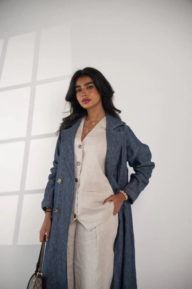 عباية بليزر من الكتان الطبيعي باللون الأزرق، IB135 أزرق 