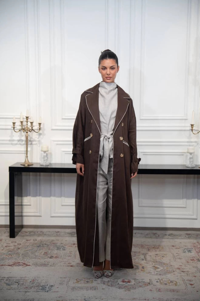 عباية بليزر من الكتان باللون البني C:IB327 بني (مقاس واحد) 