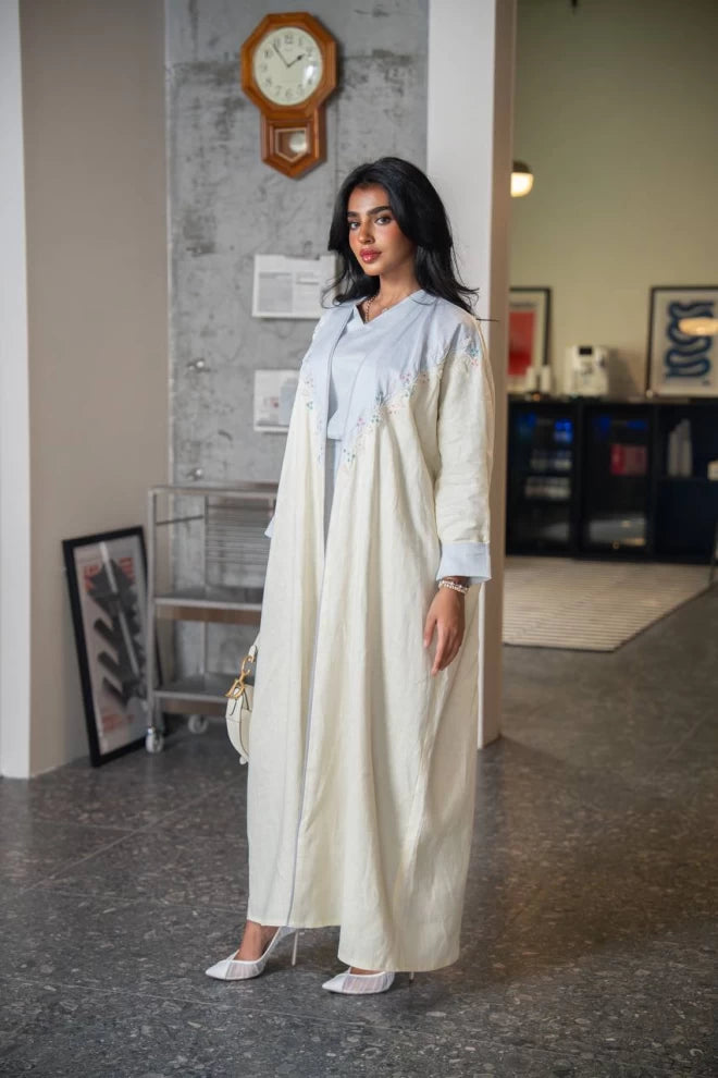 Lemon-colored abaya bisht made of natural linen with hand embroidery C:IB335 (Free size)