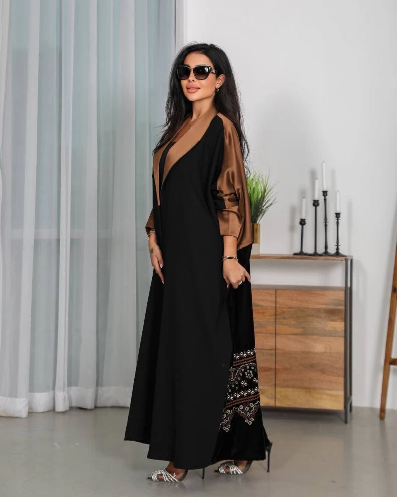 Crepe Abaya with embroidered velvet with brown silk crepe IB254 (Free size)