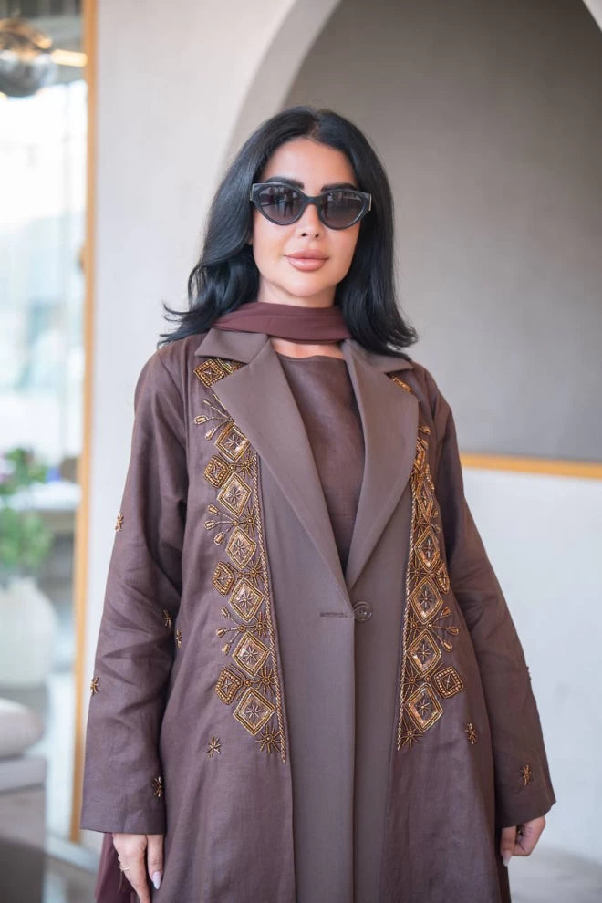 Brown blazer abaya in linen with crepe and hand embroidery C:IB323 Brown