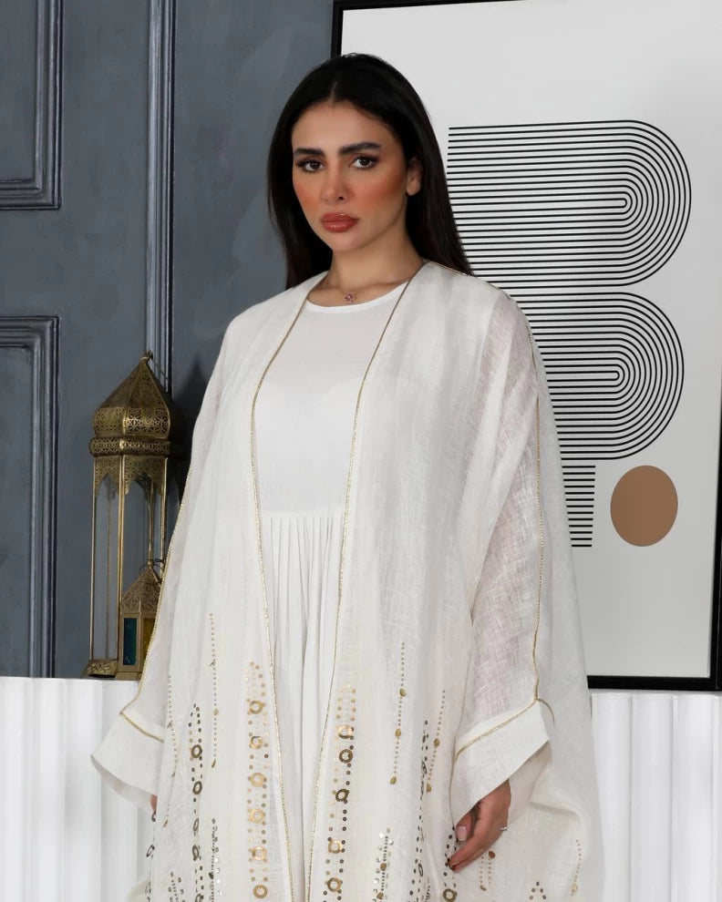 عباية كتان بيضاء مع تطريز يدوي IB137 أبيض (مقاس واحد) 
