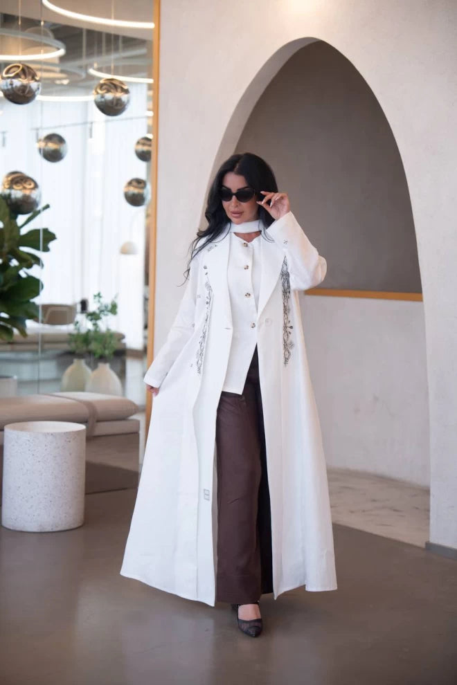 White linen and crepe blazer abaya with hand embroidery C:IB323 White