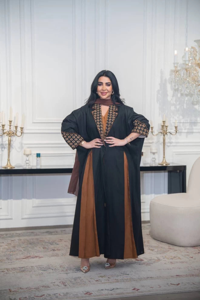 Black linen abaya with camel embroidery and details C:IB319 (Free size)