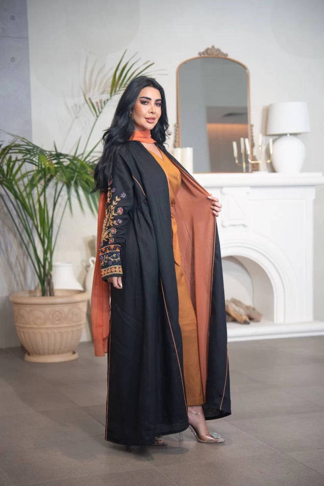 Black linen abaya with hand embroidery C:IB318