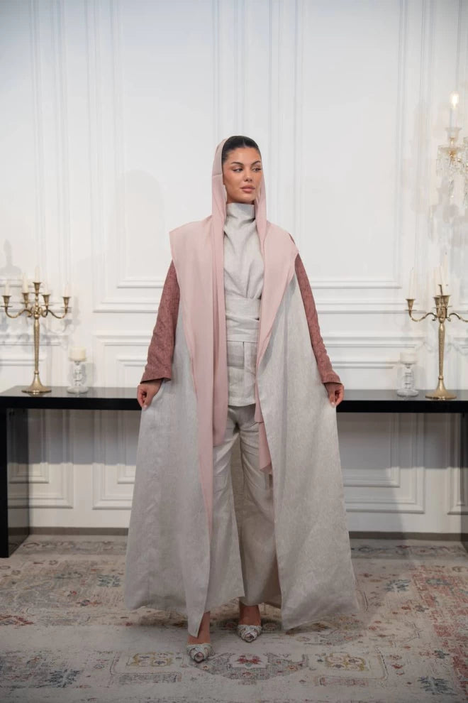 عباية كتان مقاس حر باللون البيج والبني C:IB326 (مقاس حر)