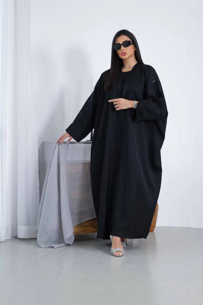 Silk Crepe Abaya with Hand Doubt IB160 Black (Free size)