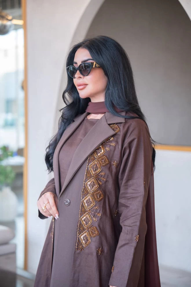 Brown blazer abaya in linen with crepe and hand embroidery C:IB323 Brown