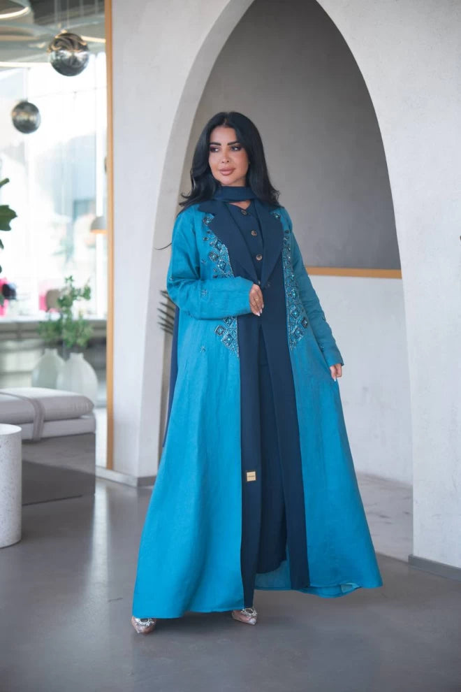 Blue blazer abaya made of linen with crepe on the front C:IB323 Blue