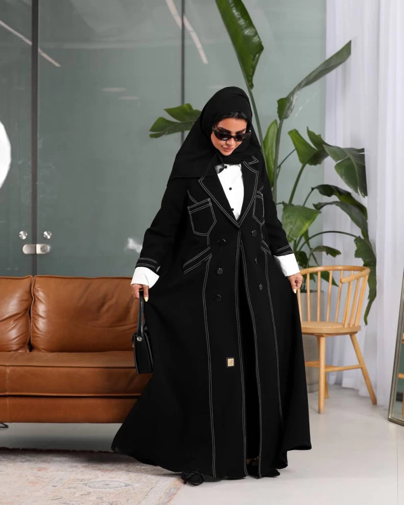 Black Crepe Abaya with White Embroidery Front IB209