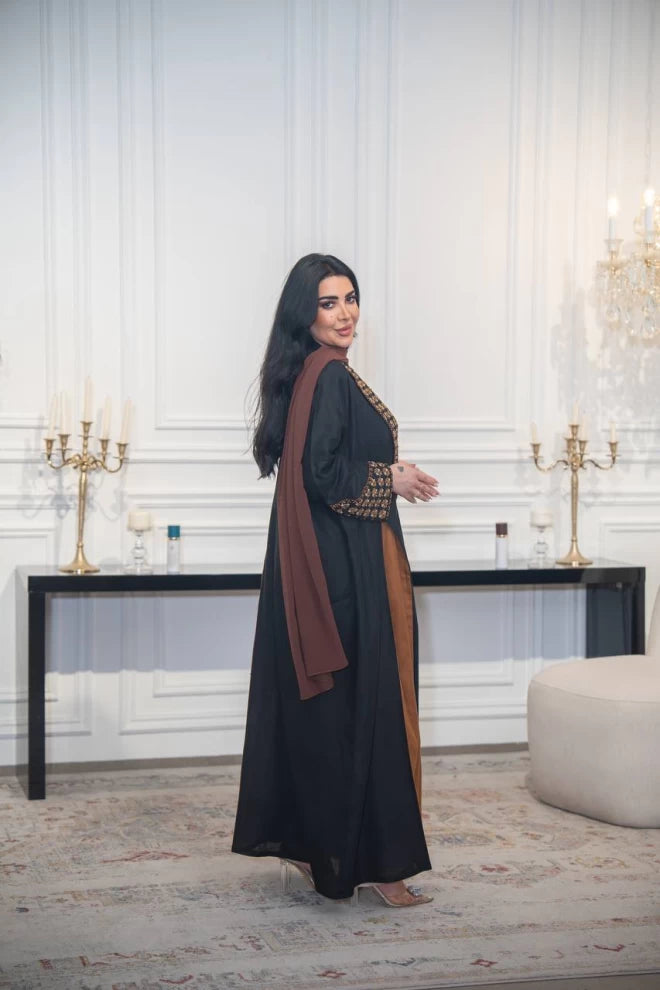 Black linen abaya with camel embroidery and details C:IB319 (Free size)