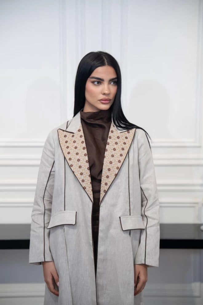 عباية بليزر كتان بيج مع تطريز C:IB329 بيج