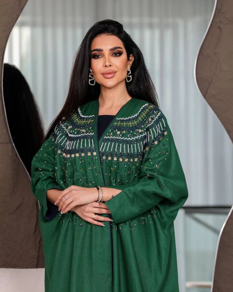 عباية كتان خضراء IB142 (مقاس واحد) 