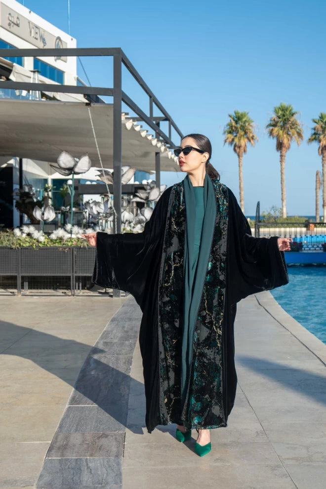 Bisht abaya in silk velvet material with floral velvet material IB271Black (Free size)