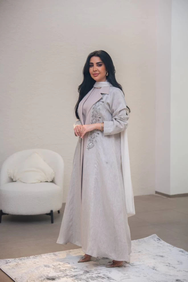 Beige linen and crepe blazer abaya with hand embroidery C:IB323 Beige