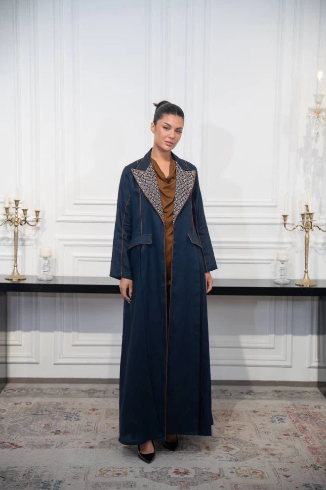 عباية بليزر كتان كحلي مع تطريز C:IB329 كحلي 