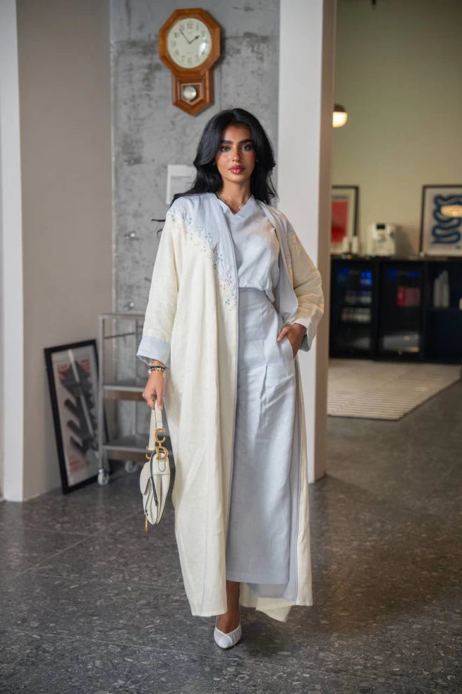 Lemon-colored abaya bisht made of natural linen with hand embroidery C:IB335 (Free size)