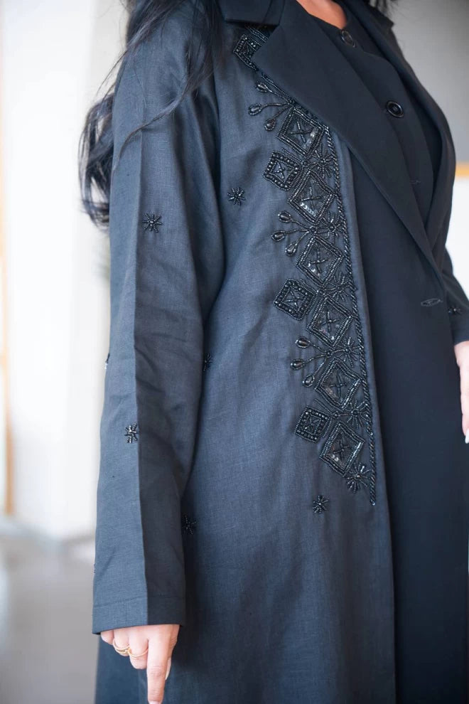 Black blazer abaya made of linen and crepe with hand embroidery C:IB323 Black
