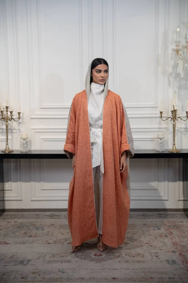 عباية كتان مخططة باللونين البرتقالي والبيج C:IB325 برتقالي (مقاس واحد) 