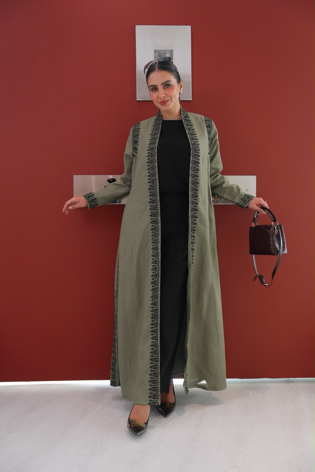Linen abaya in olive green with embroidery.C:435