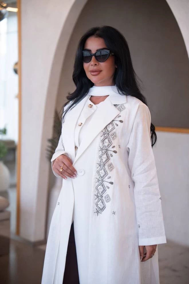 White linen and crepe blazer abaya with hand embroidery C:IB323 White