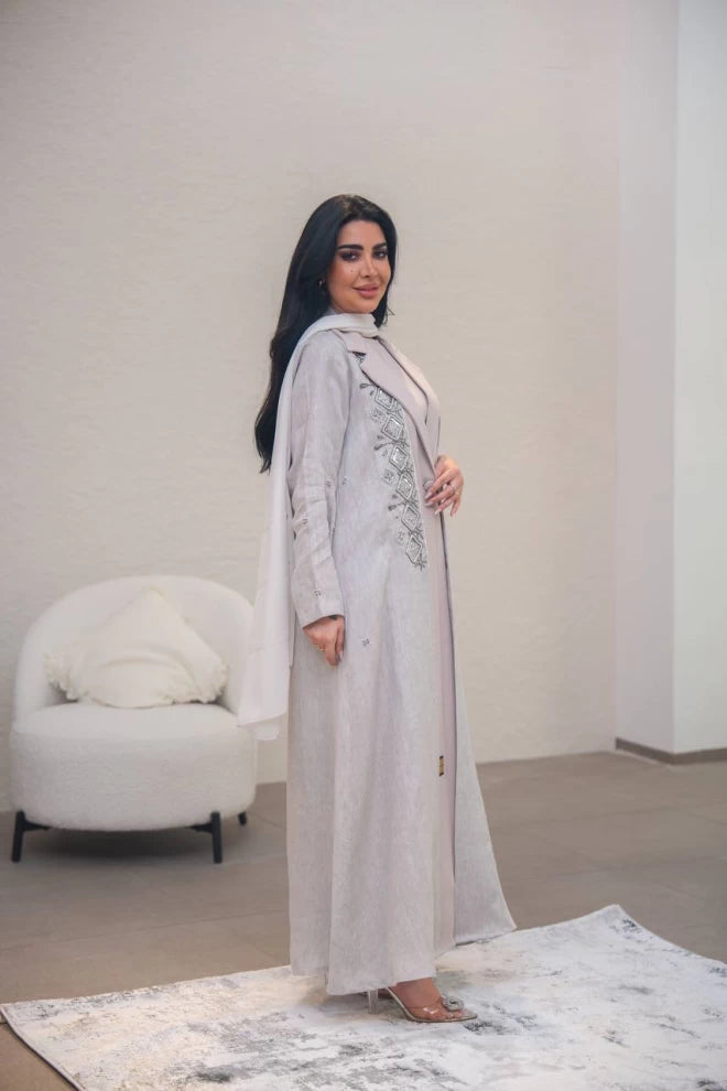 Beige linen and crepe blazer abaya with hand embroidery C:IB323 Beige