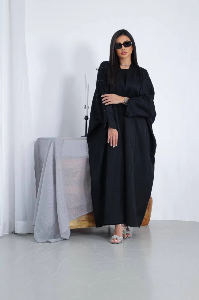 Silk Crepe Abaya with Hand Doubt IB160 Black (Free size)