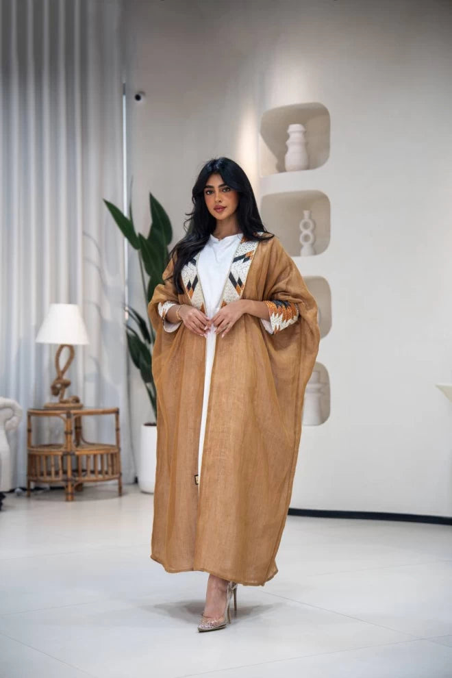 عباية بشت من الخيش بلون الجمل مع تطريز C:IB310 (مقاس حر) 