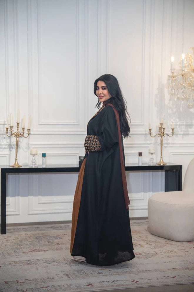 Black linen abaya with camel embroidery and details C:IB319 (Free size)