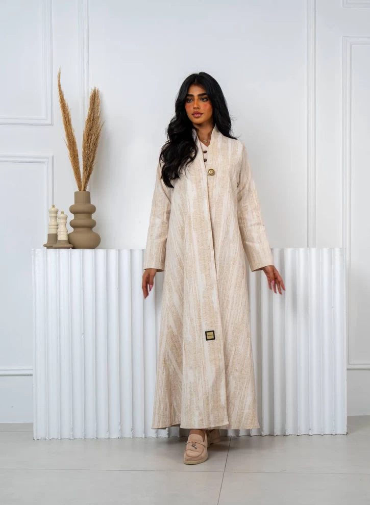 Linen Jacquard Abaya Beige IB236