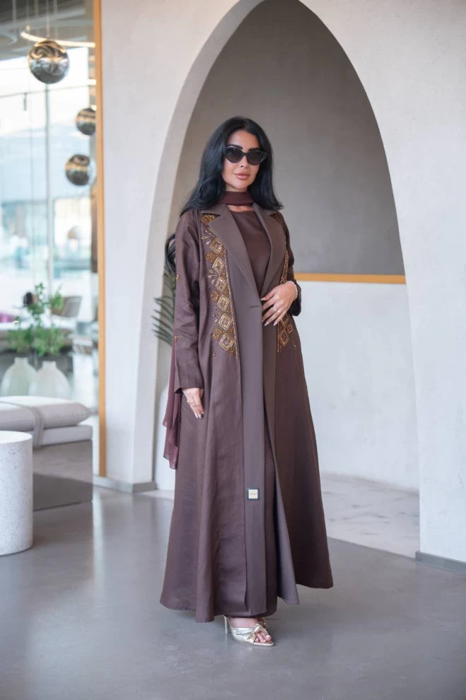 Brown blazer abaya in linen with crepe and hand embroidery C:IB323 Brown