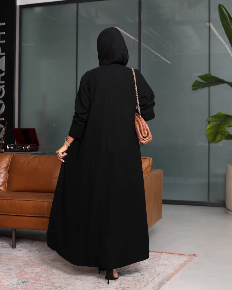 عباية كريب سوداء مع طيات أمامية IB207 أسود 