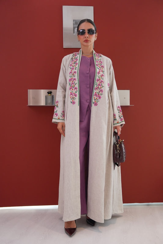 Beige linen abaya with embroidery.C:436