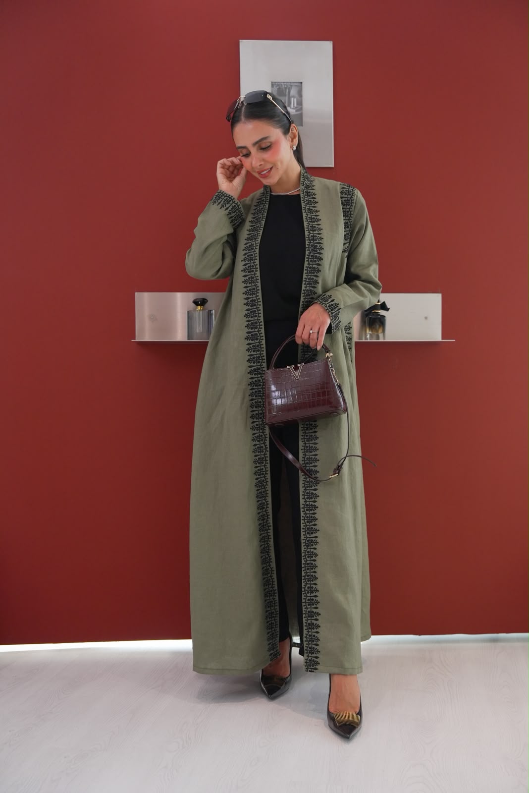 Linen abaya in olive green with embroidery.C:435