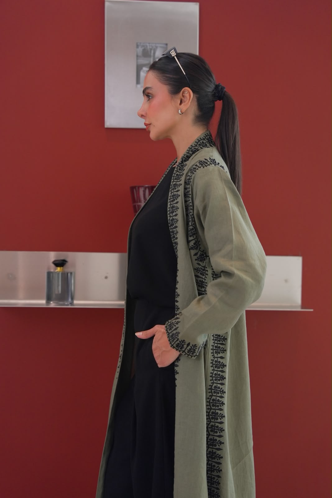 Linen abaya in olive green with embroidery.C:435
